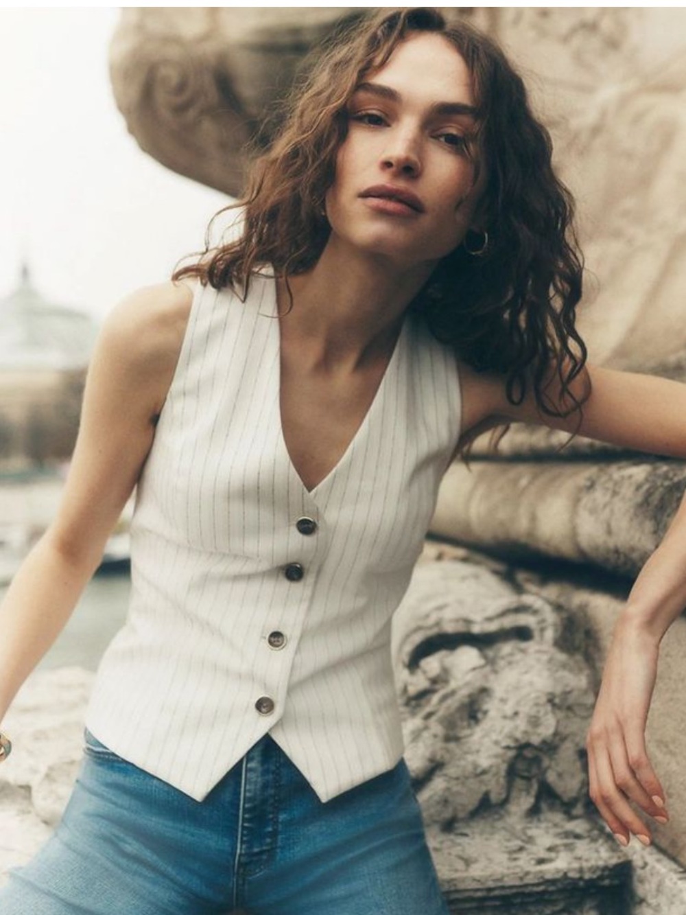 Tailored Cream Pinstripe Linen Blend Lined Vest M